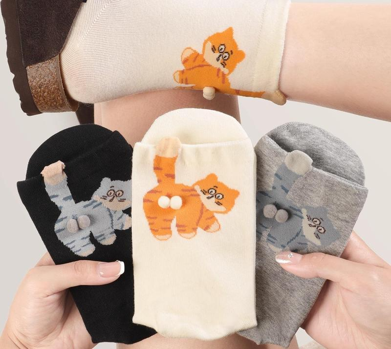 Women's Cute Cat Socks with 3D Pompoms, Cotton Animal Novelty Crew Socks Funny Gift for Cat Lovers