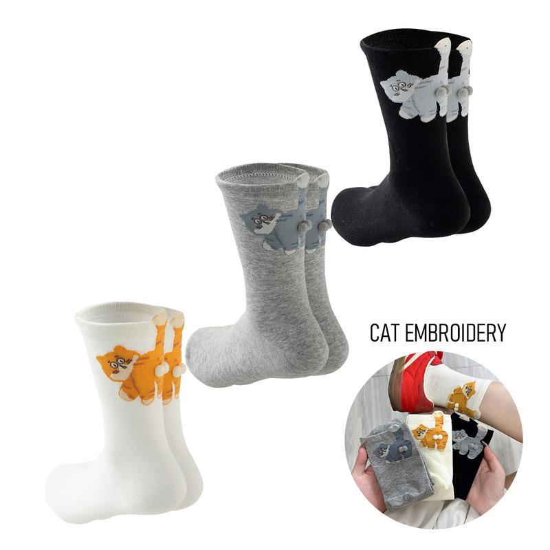 Women's Cute Cat Socks with 3D Pompoms, Cotton Animal Novelty Crew Socks Funny Gift for Cat Lovers