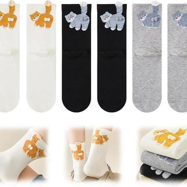 Women's Cute Cat Socks with 3D Pompoms, Cotton Animal Novelty Crew Socks Funny Gift for Cat Lovers