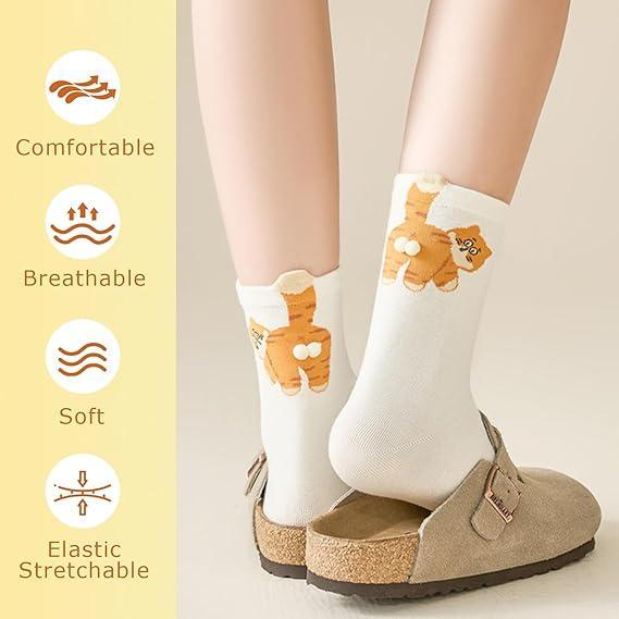 Women's Cute Cat Socks with 3D Pompoms, Cotton Animal Novelty Crew Socks Funny Gift for Cat Lovers