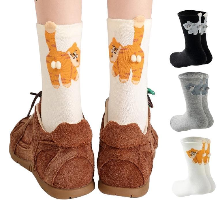 Women's Cute Cat Socks with 3D Pompoms, Cotton Animal Novelty Crew Socks Funny Gift for Cat Lovers