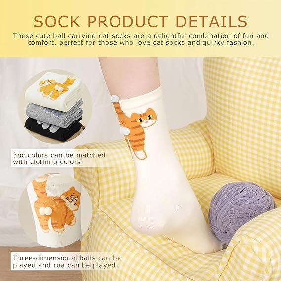 Women's Cute Cat Socks with 3D Pompoms, Cotton Animal Novelty Crew Socks Funny Gift for Cat Lovers