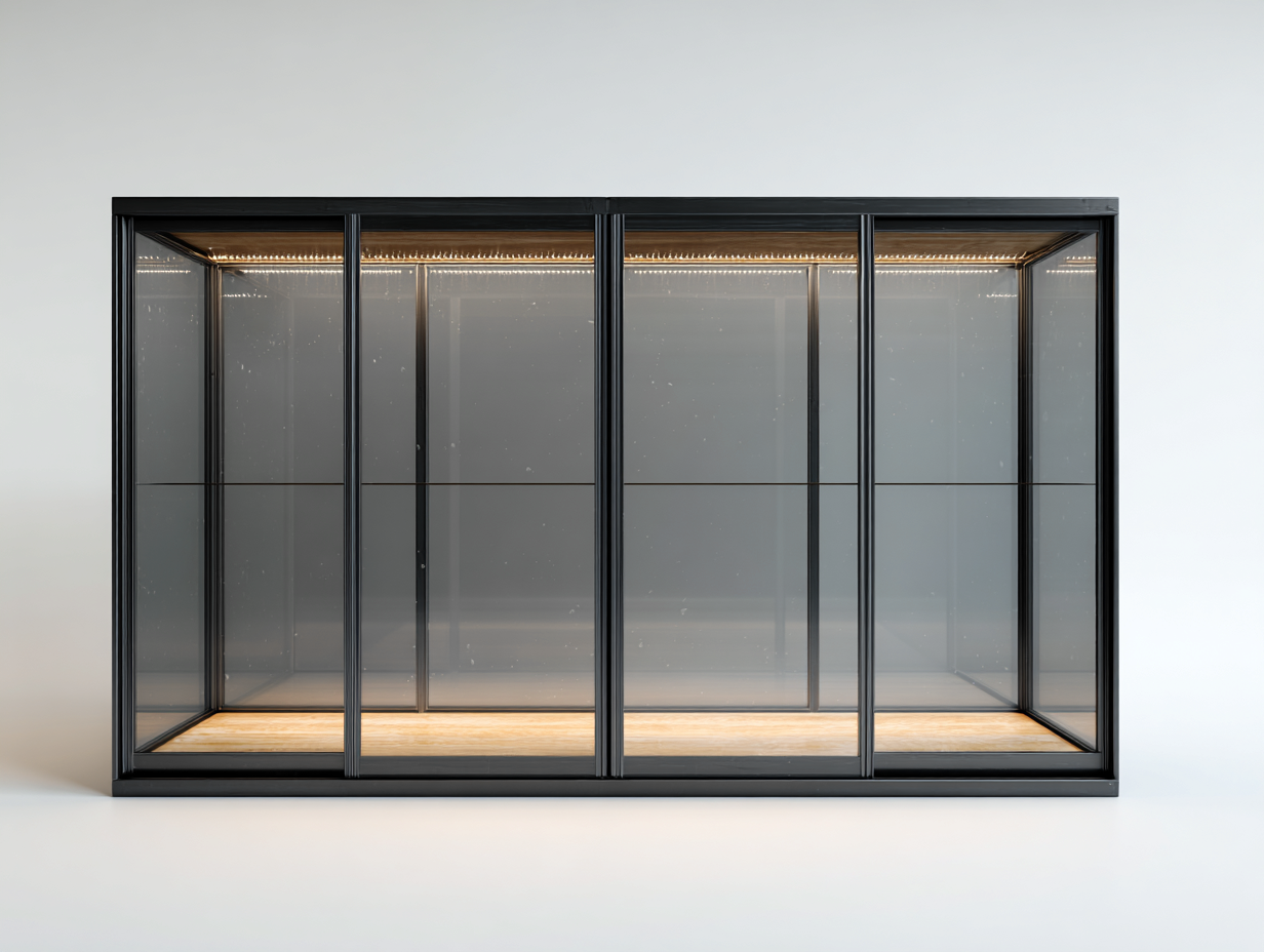 Vetrina in vetro e metallo con ante scorrevoli 200x45x180 cm - nero - design moderno per soggiorno-Sereneist