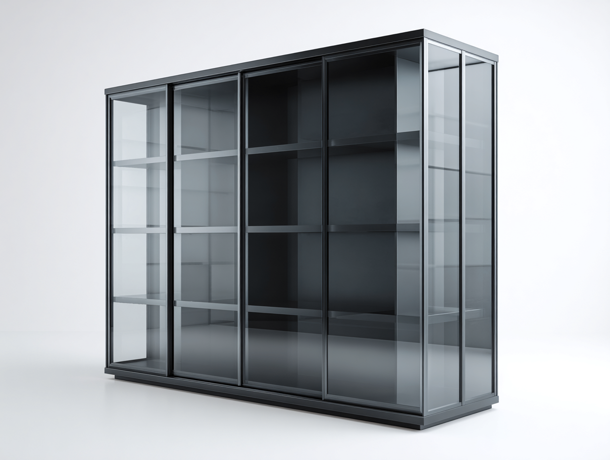 Vetrina moderna a quattro ante scorrevoli in vetro con struttura in metallo 200x45x180 cm - nero - design minimalista contemporaneo-Sereneist