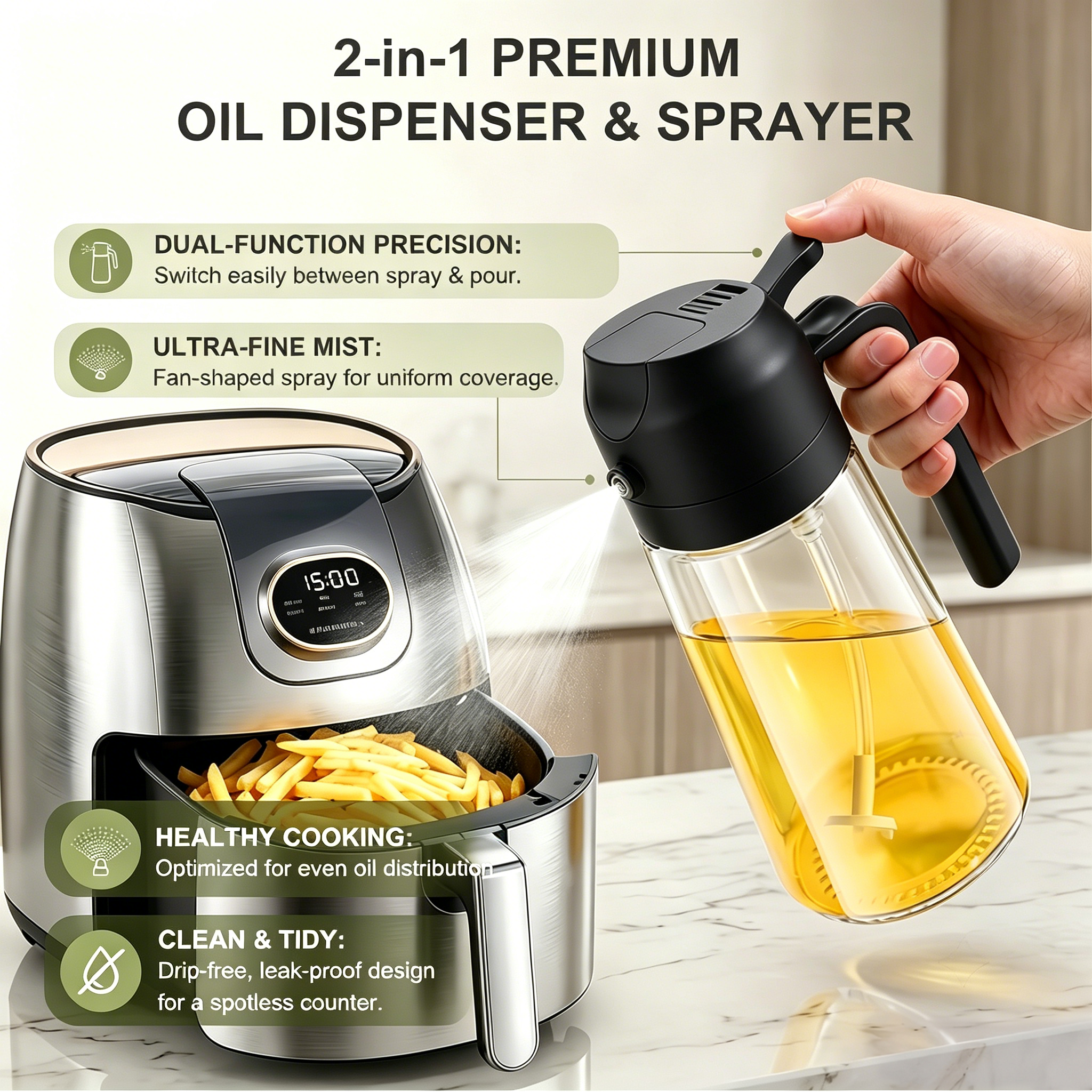 Pure Future 2-in-1 Olive Oil Sprayer for Cooking,Black - Model: B0H45145QP