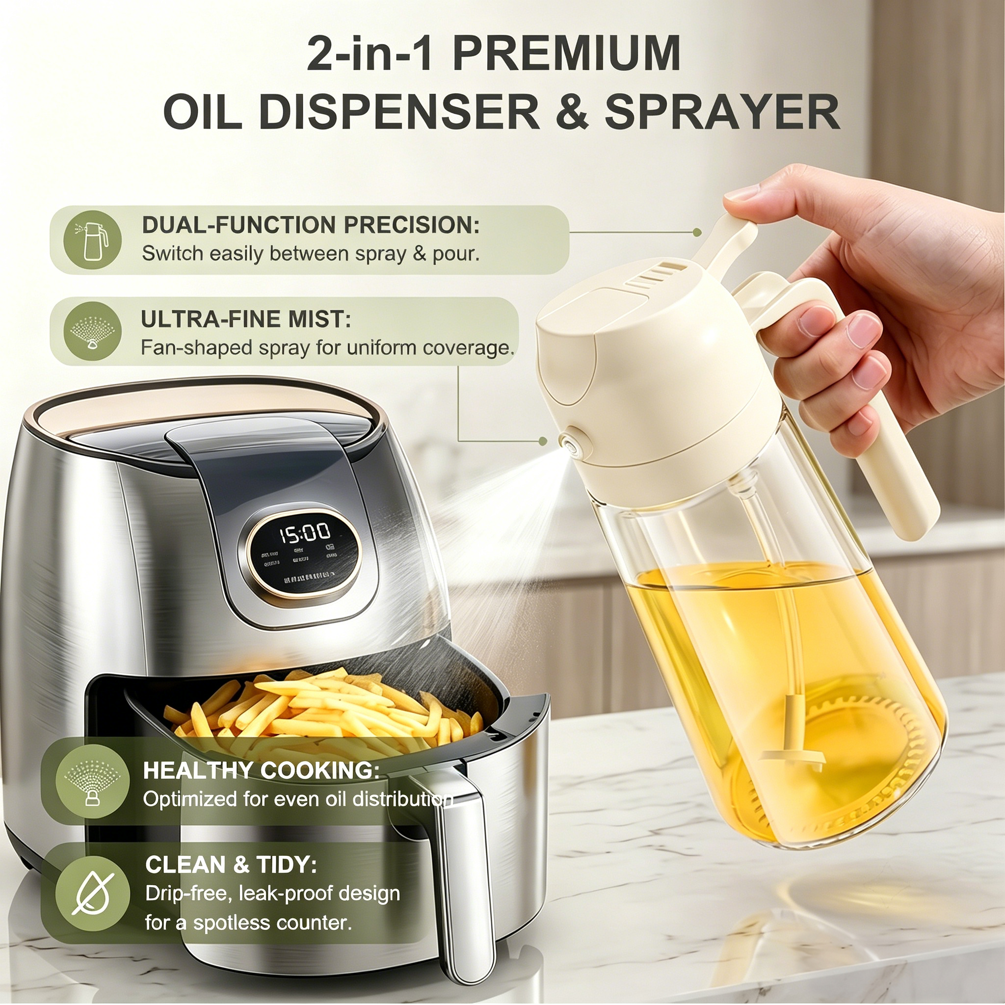 Pure Future 2-in-1 Olive Oil Sprayer for Cooking, White- Model: B0H452DYBR