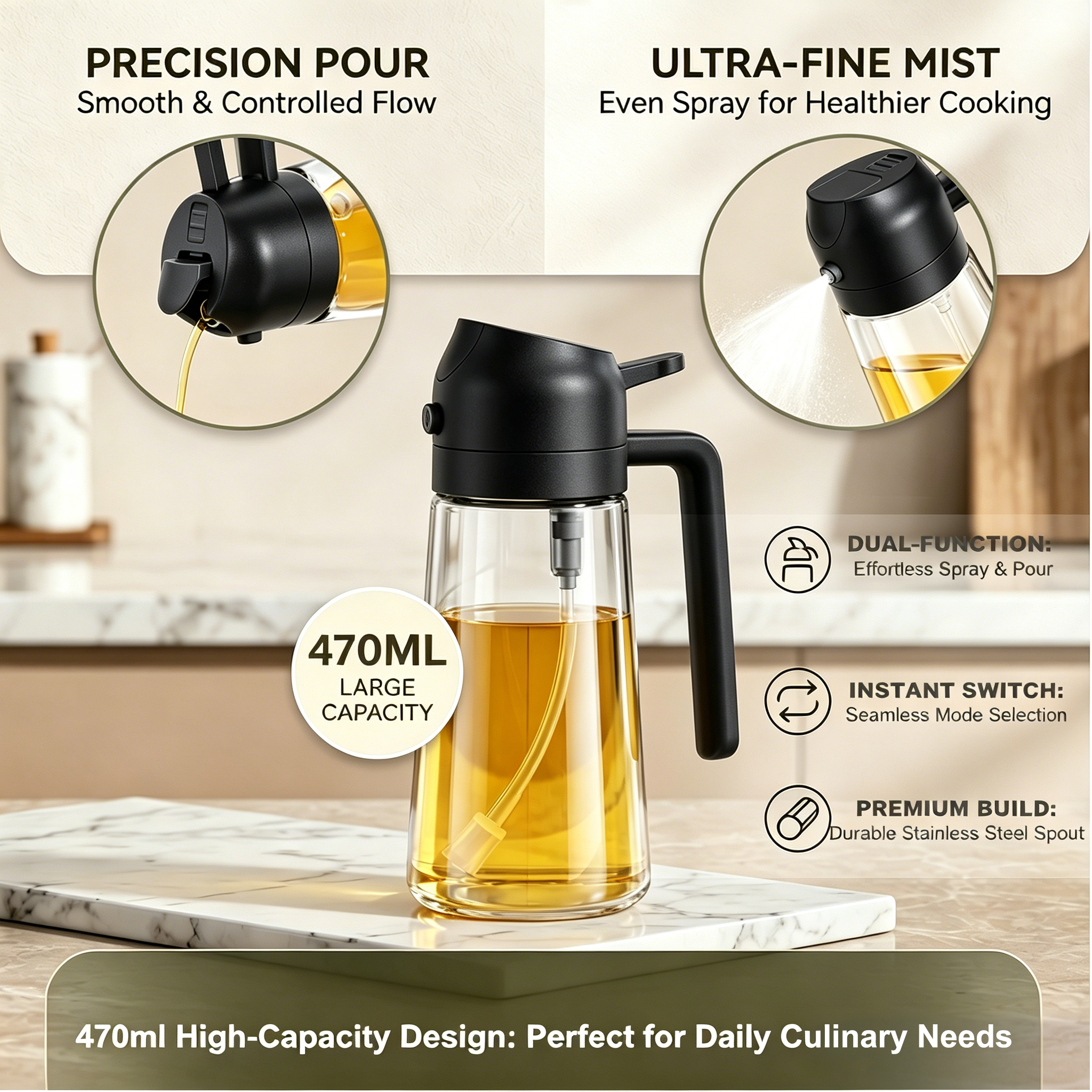 Pure Future 2-in-1 Olive Oil Sprayer for Cooking,Black - Model: B0H45145QP