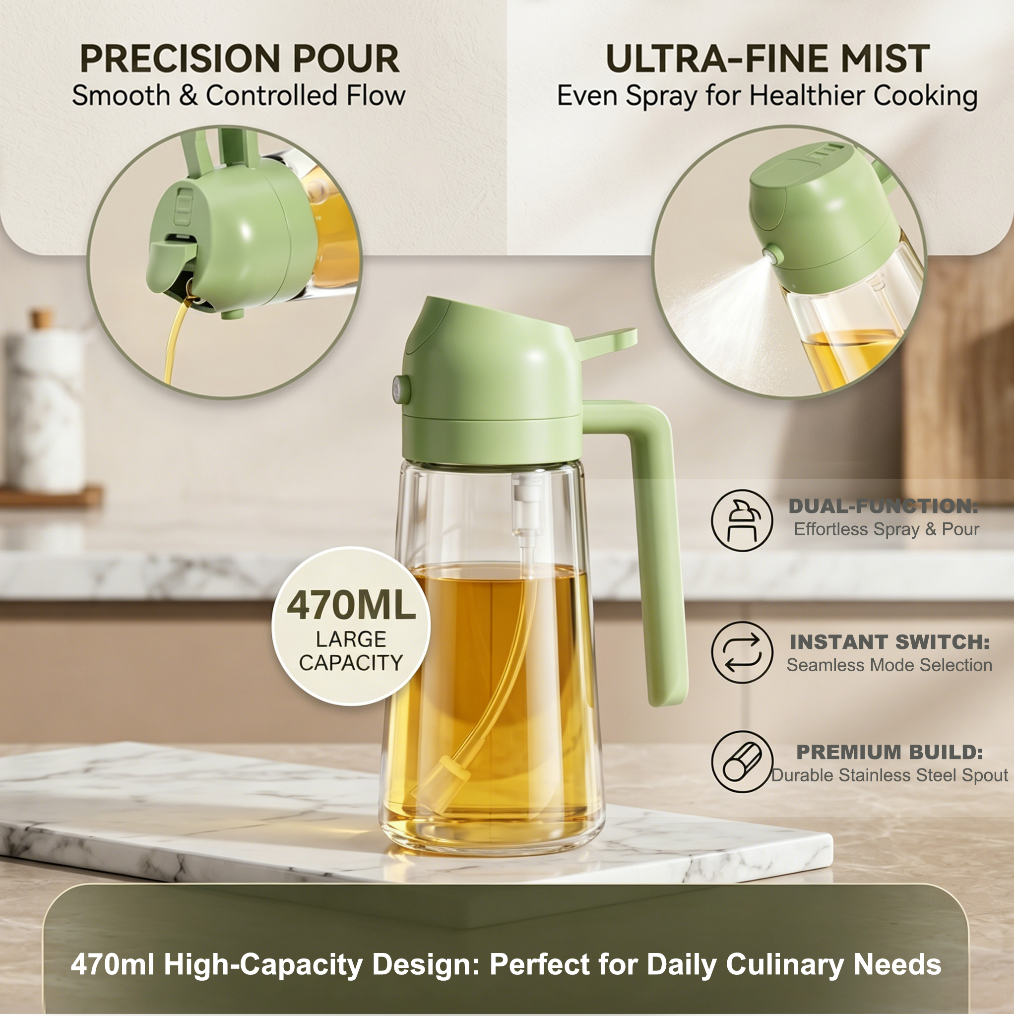 Pure Future 2-in-1 Olive Oil Sprayer for Cooking, Green- Model: B0H455G1TT