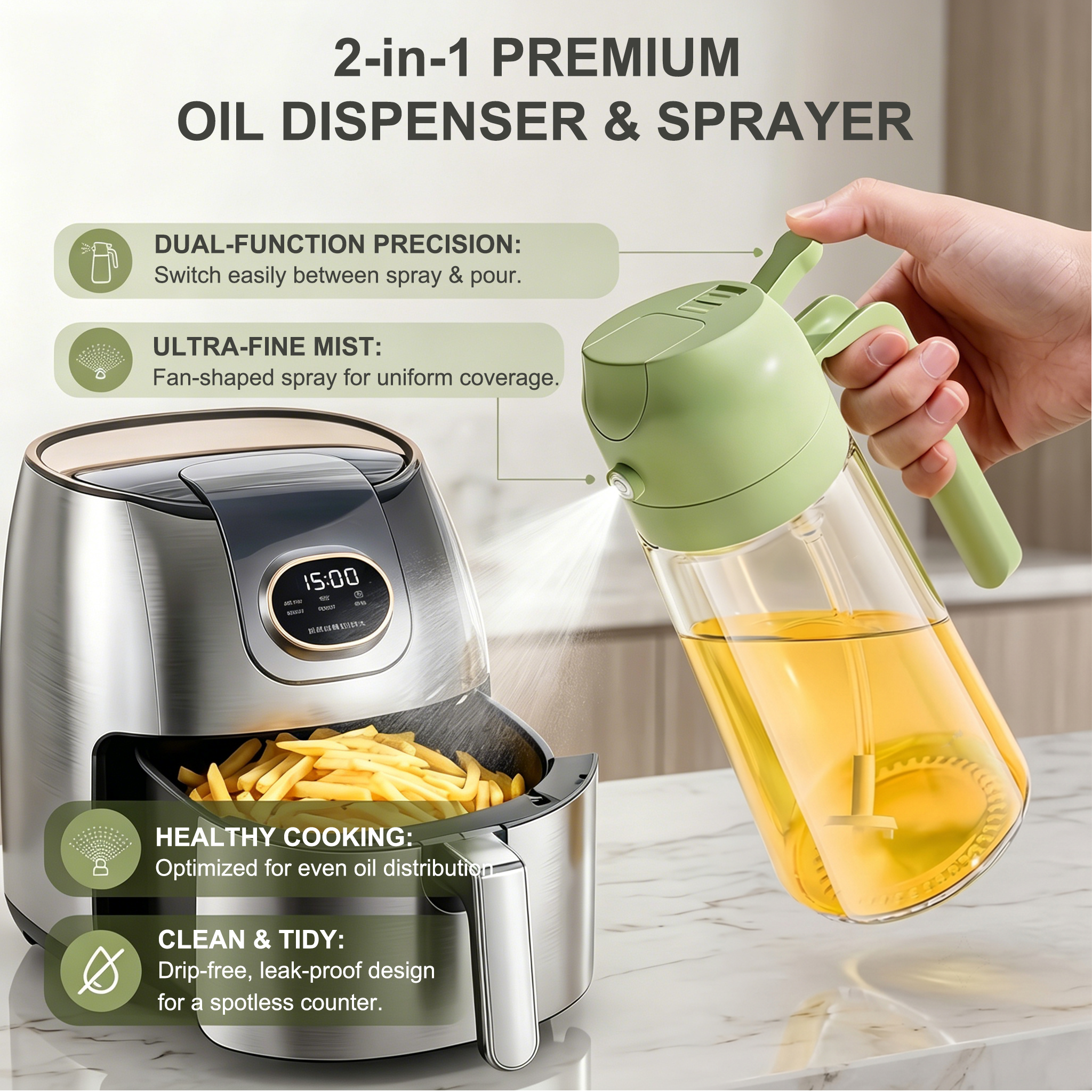 Pure Future 2-in-1 Olive Oil Sprayer for Cooking, Green- Model: B0H455G1TT