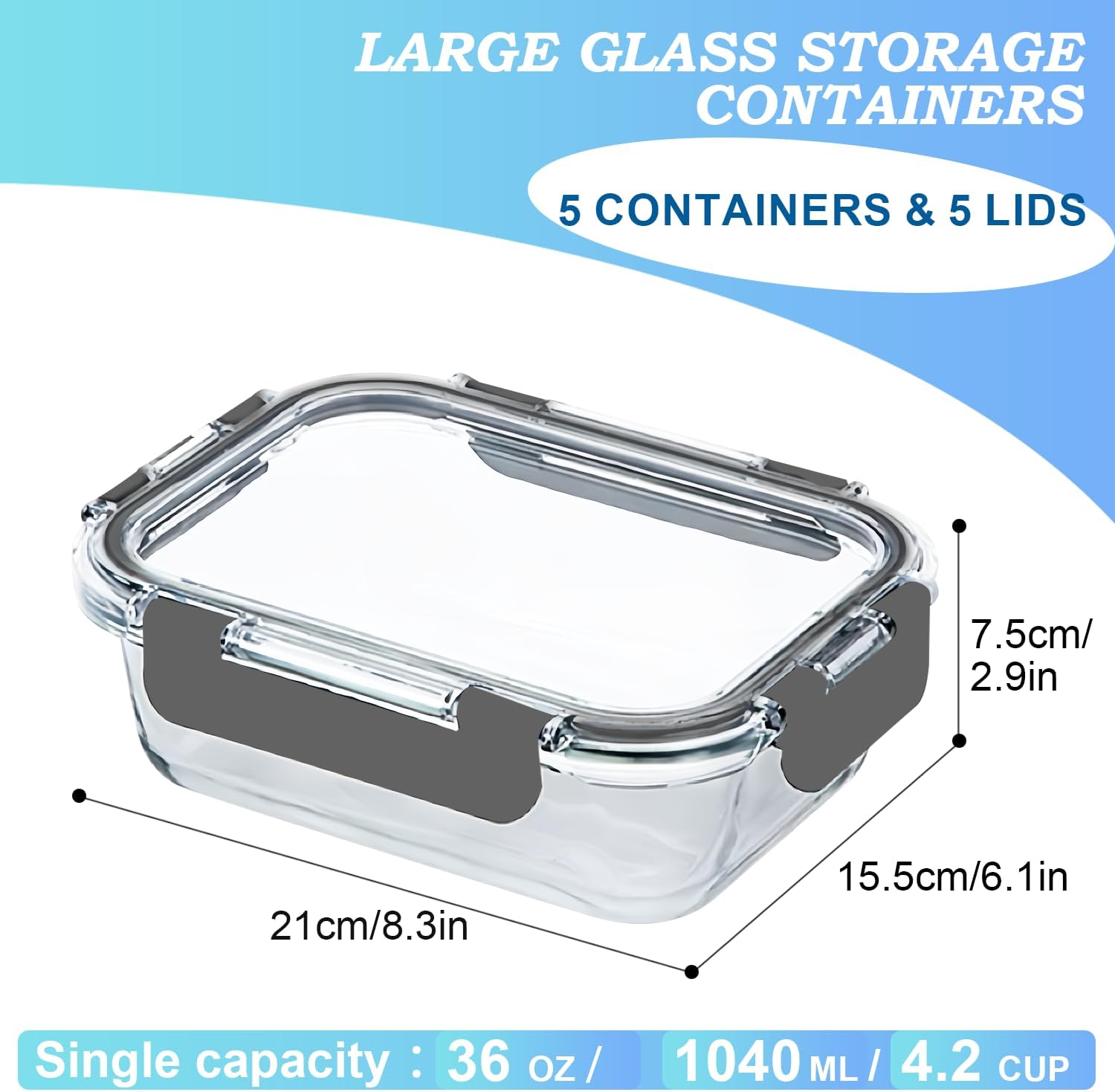 KUMD 10-Piece Set (5-Pack) 1040ml Glass Meal Prep Containers (Model: B0DZNFHRGV)