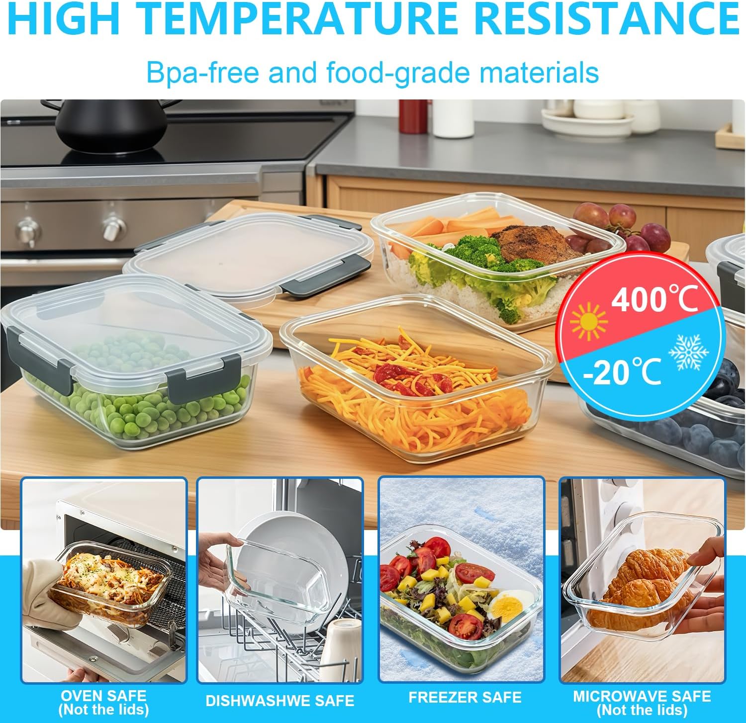 KUMD 10-Piece Set (5-Pack) 1040ml Glass Meal Prep Containers (Model: B0DZNFHRGV)