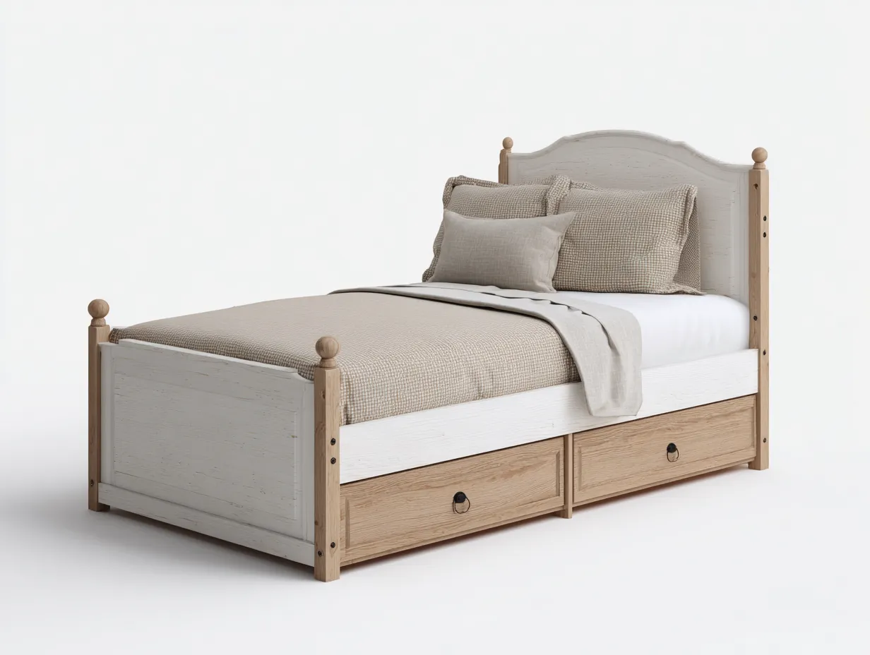 Letto singolo in legno 205x100x95 cm - bianco-legno naturale - per camera da letto - stile classico funzionale-Livingure