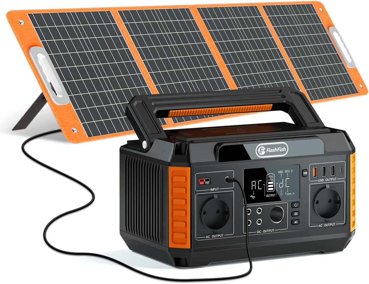 FlashFish 520Wh Générateur Électrique avec Panneau Solaire 100W, Station Électrique Portable 2×AC 560W (Crête 1100W), 5× Sorties CC et 4× USB, Batterie de Secours pour Camping, Extérieur et Usage Domestique-Dwellingixe