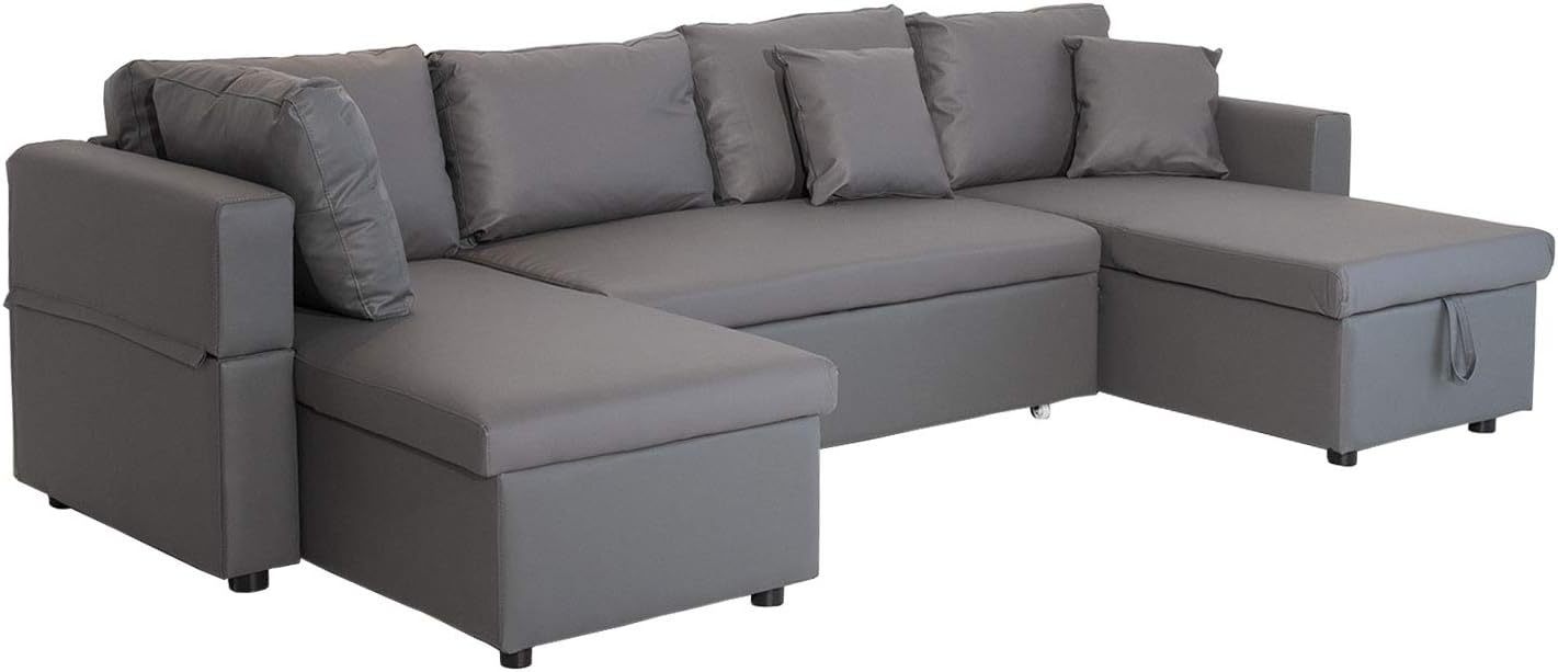 Happy Garden Scott Canapé panoramique convertible 4 places simili gris 294 x 146 x 85 cm avec méridiennes coffre rangement-Dwellingixe