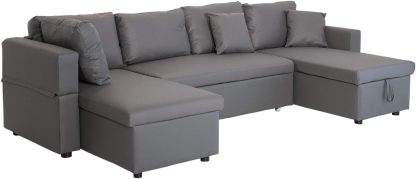 Happy Garden Scott Canapé panoramique convertible 4 places simili gris 294 x 146 x 85 cm avec méridiennes coffre rangement-Dwellingixe