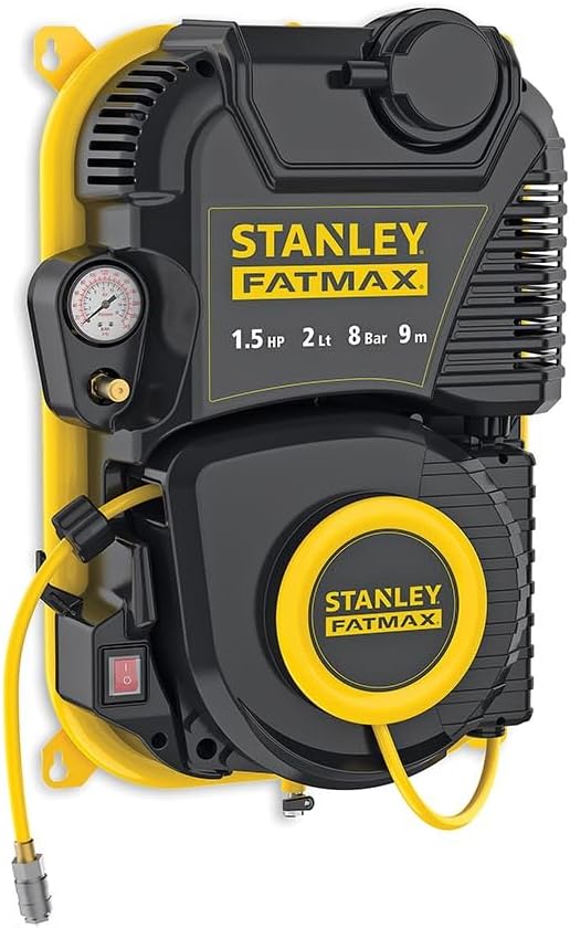 Compresseur mural STANLEY Fatmax WALLTECH PRO – 230V – réservoir 2L – 1,5 HP – 59 dB – enrouleur 9 m – 13,3 kg – noir et jaune-Dwellingixe