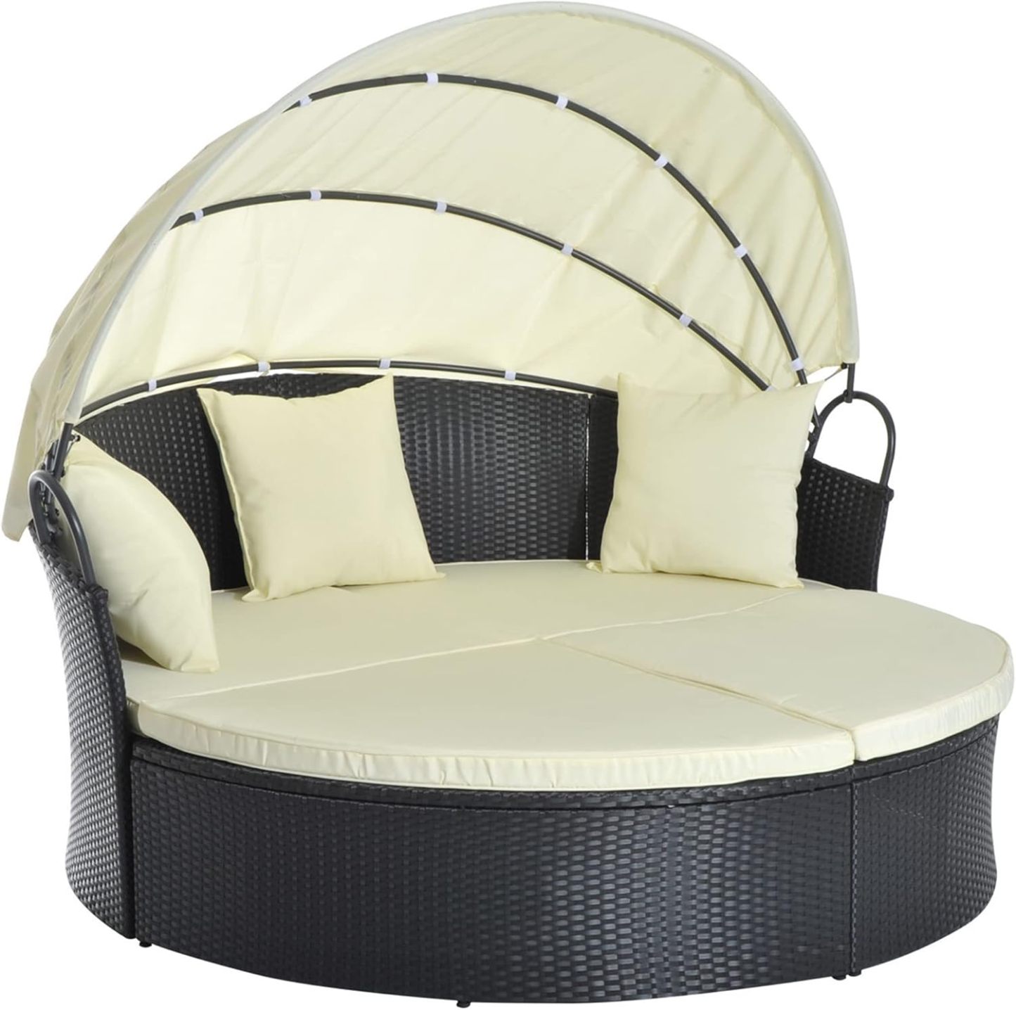 Outsunny Lit canapé de jardin modulable 4 places 171 x 180 x 155 cm résine tressée noir pare-soleil pliable coussins inclus-Dwellingixe