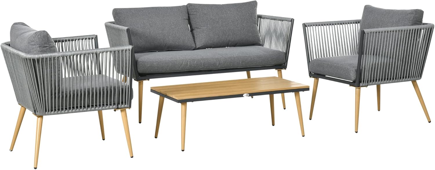 Outsunny Salon de Jardin 4 places résine tressée gris style contemporain 1 canapé 2 fauteuils 1 table basse 7 coussins-Dwellingixe