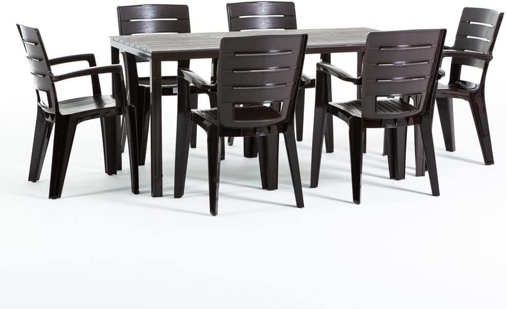 Ensemble Repas de Jardin 6 Personnes Effet Bois Moka Table 156x78x75 cm avec 6 Chaises Empilables 58x60x83,5 cm Style Moderne-Dwellingixe