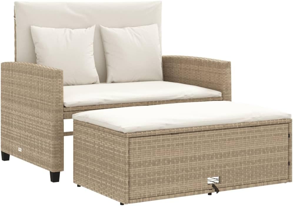 Canapé de jardin 2 places avec coussins résine tressée beige et crème 115x75x91 cm avec repose-pieds 28,2 kg style rotin-Dwellingixe