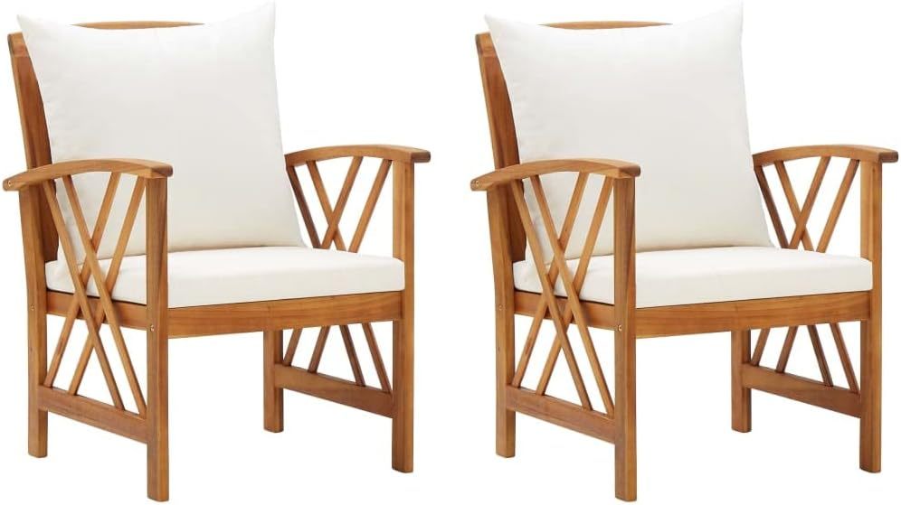 Lot de 2 Chaises de Jardin en Bois d’Acacia Massif avec Coussins Marron et Blanc 59x67x83 cm-Dwellingixe