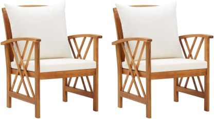 Lot de 2 Chaises de Jardin en Bois d’Acacia Massif avec Coussins Marron et Blanc 59x67x83 cm-Dwellingixe