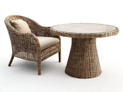 Salon de jardin en rotin 70x75x75 cm - brun clair - style classique avec table ronde assortie-Dwellingixe