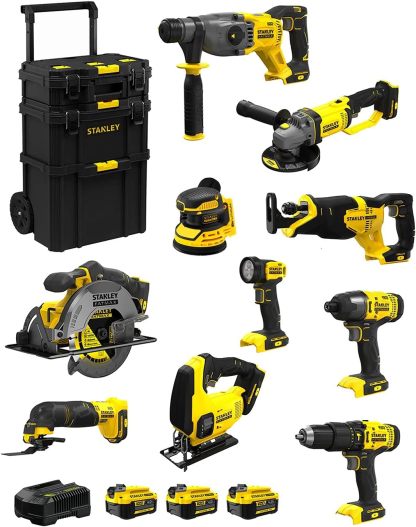 Kit 10 outils 18V STANLEY FatMax SVK1001 – SFMCH900 SFMCG400 SFMCD711 SFMCF800 SFMCS500 SFMCS600 SFMCW220 SFMCS300 SFMCE500 SFMCL020 – 3 batteries 4,0Ah – lithium-ion-Dwellingixe