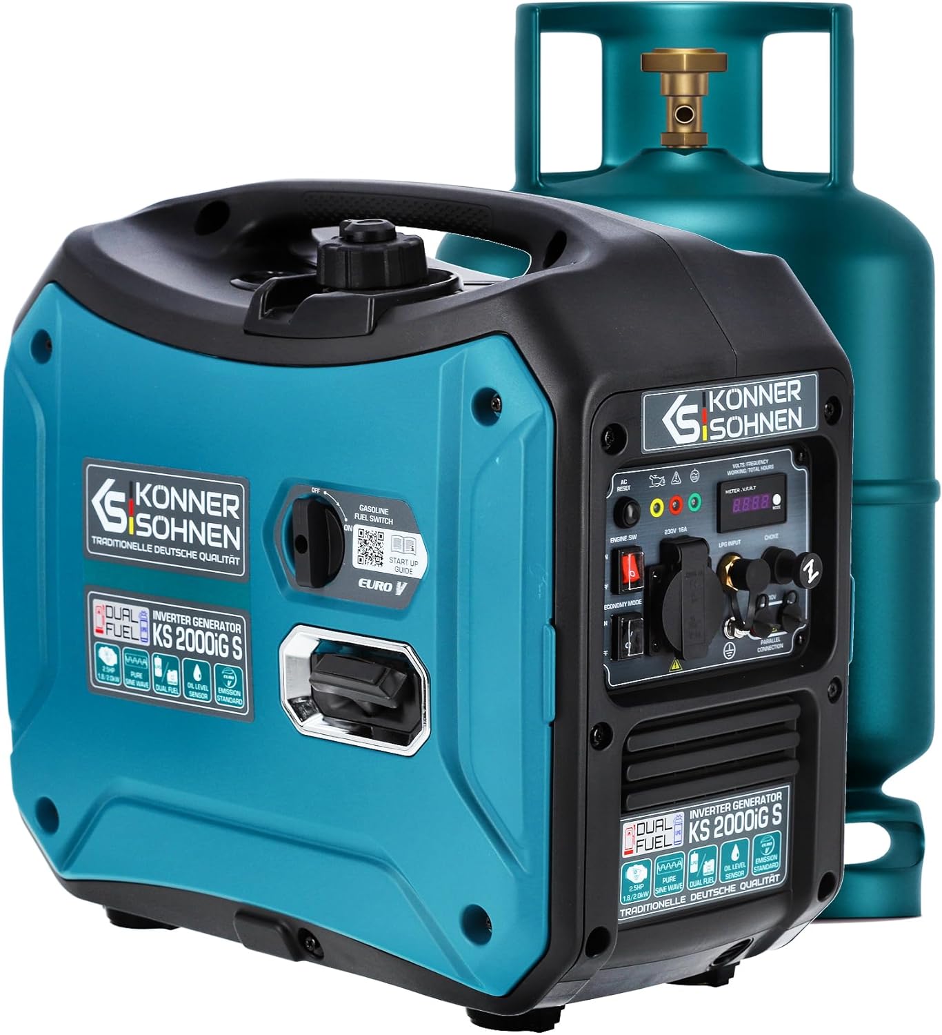 Könner & Söhnen KS 2000iG S Générateur Inverter Gaz & Essence 2000W, 230V, 1x16A, 2x USB, LED, Mode Éco, EURO V-Dwellingixe