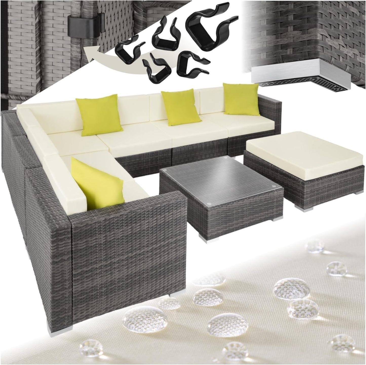 Salon de Jardin Extérieur en Poly Rotin Modulable 7 Places avec Cadre en Aluminium 6 Fauteuils 1 Pouf et 1 Table 213x213x60 cm Gris-Dwellingixe
