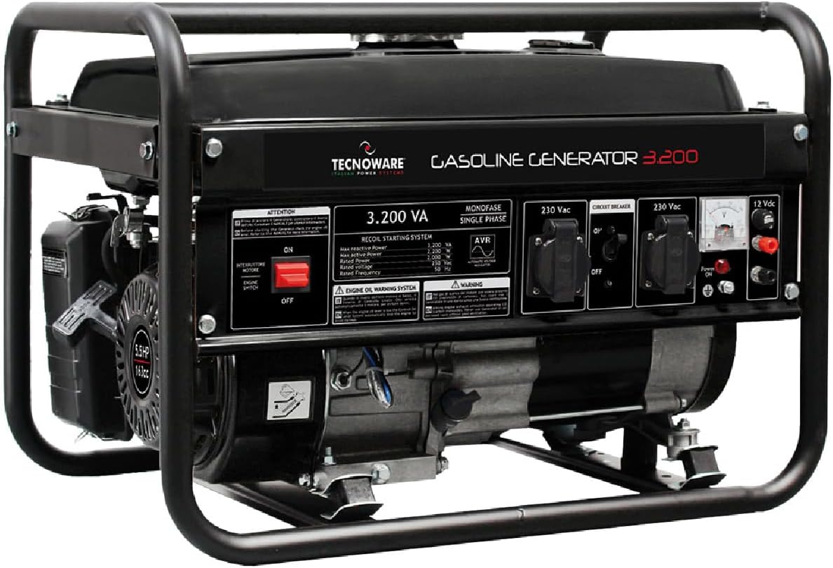 Tecnoware Générateur Électrique Portable 3200VA Monophasé, Essence, Démarrage Électrique & Manuel, Réservoir 15L, AVR-Dwellingixe