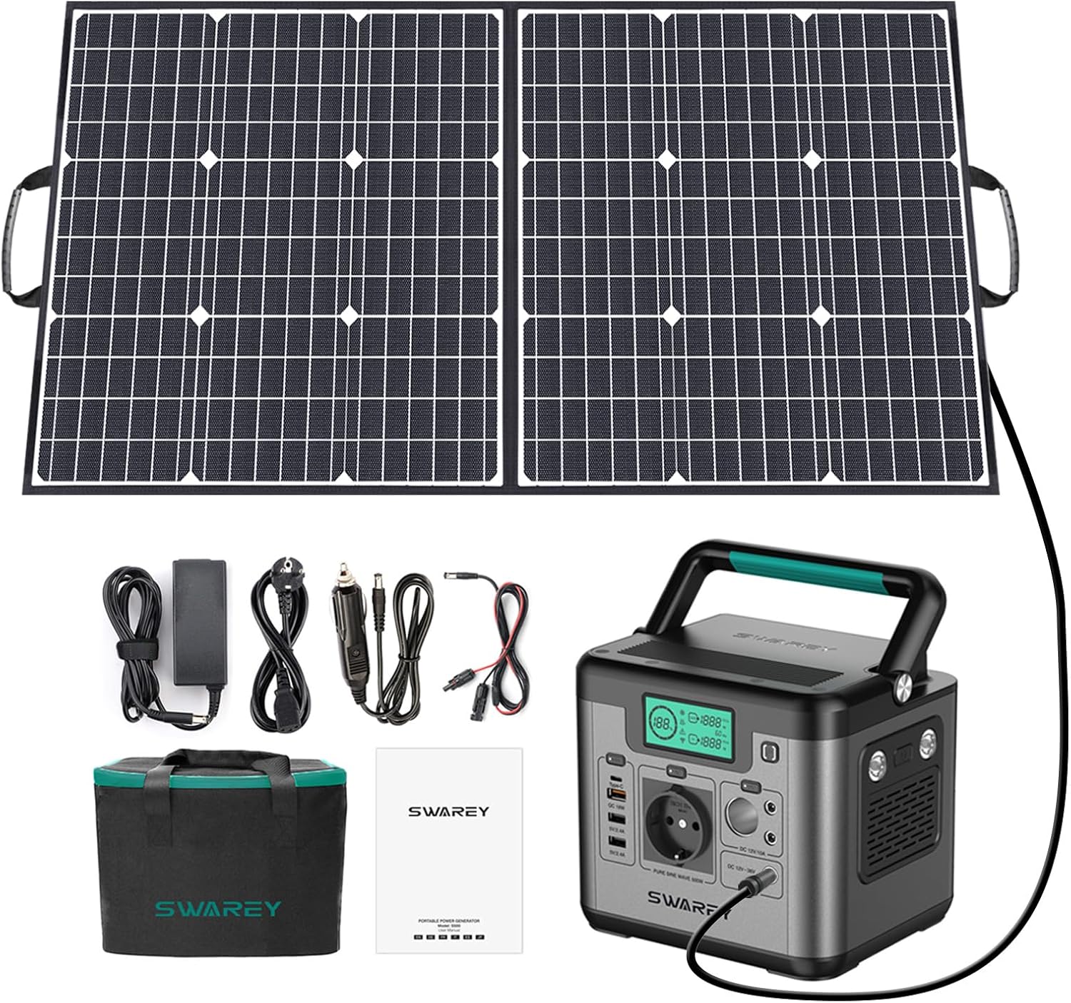SWAREY Générateur Électrique Portable 518Wh avec Panneau Solaire Pliable, 220V AC, USB, Type-C, QC 3.0, 7,3 kg-Dwellingixe