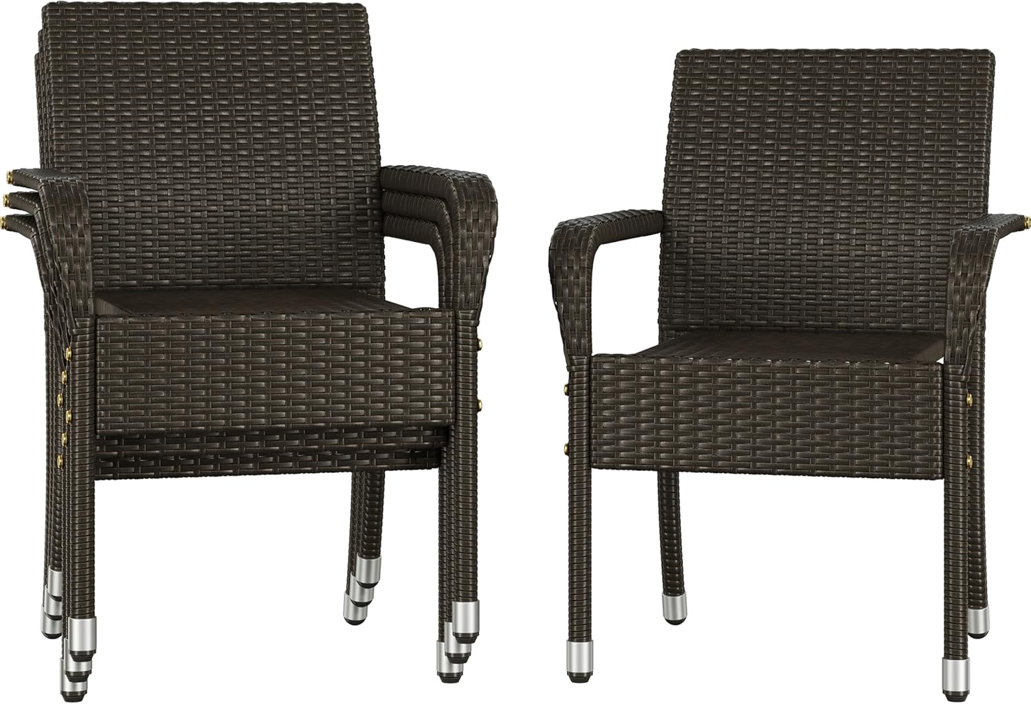 Lot de 4 chaises de jardin empilables rotin synthétique marron - cadre métal - accoudoirs - 136 kg max-Dwellingixe