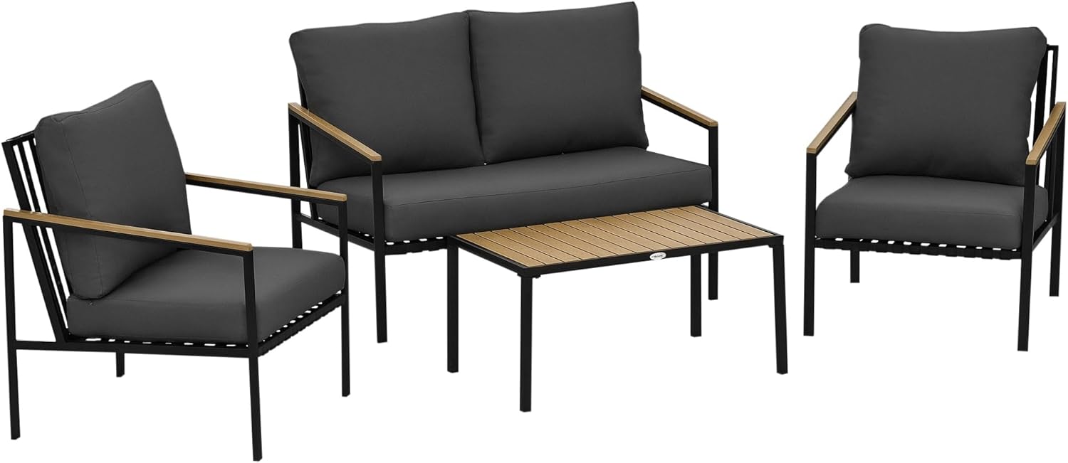 Outsunny Ensemble Salon de Jardin 4 pièces 4 personnes acier noir polyester gris foncé canapé 2 places fauteuils table basse 116 x 70 x 78 cm-Dwellingixe