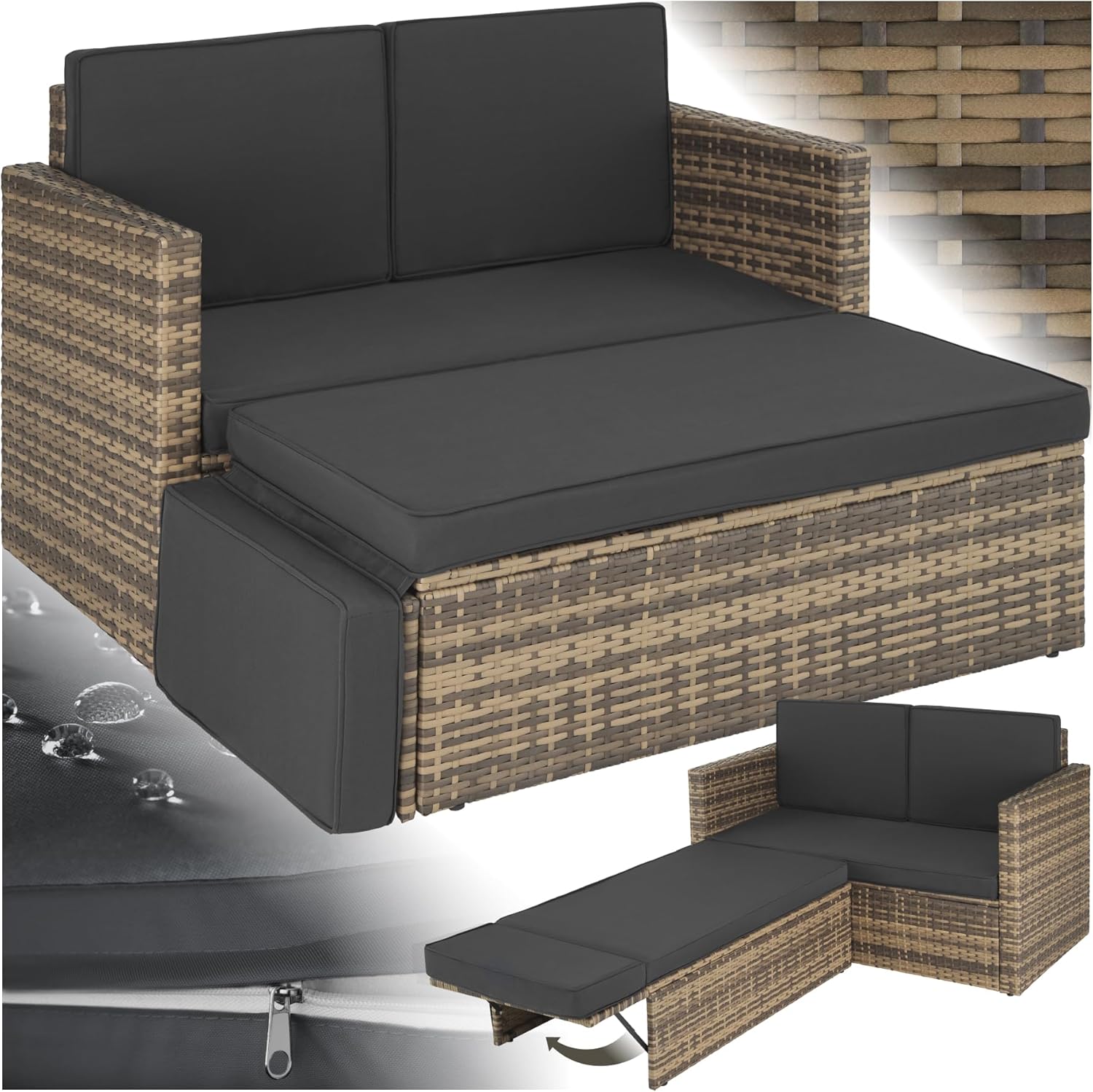 Salon de Jardin Extérieur en Poly Rotin Modulable 2 Places avec Bain de Soleil Inclinable, Canapé et Pouf Repose-pieds 119x64,5x71,5 cm Marron Naturel-Dwellingixe