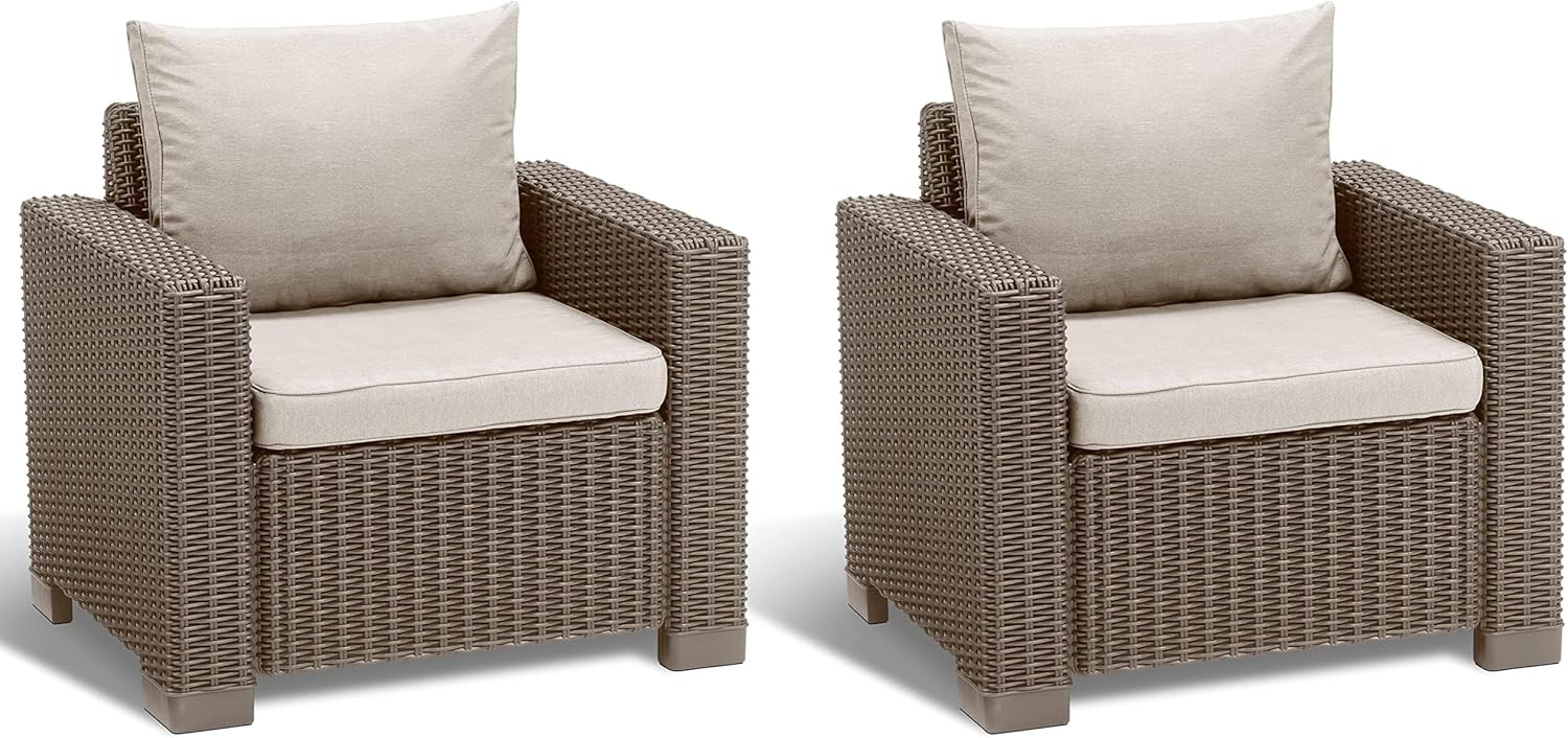 Lot de 2 Fauteuils de Jardin California Aspect Rotin Cappuccino et Sable 83x68x72 cm avec Coussins-Dwellingixe