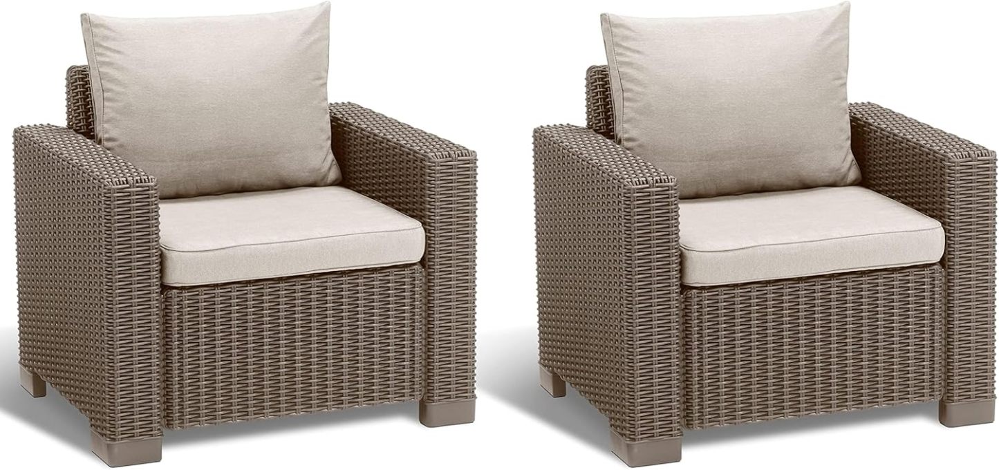 Lot de 2 Fauteuils de Jardin California Aspect Rotin Cappuccino et Sable 83x68x72 cm avec Coussins-Dwellingixe