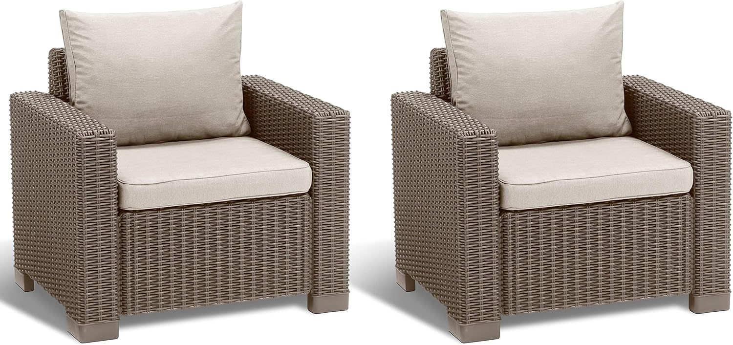 Lot de 2 Fauteuils de Jardin California Aspect Rotin Cappuccino et Sable 83x68x72 cm avec Coussins-Dwellingixe