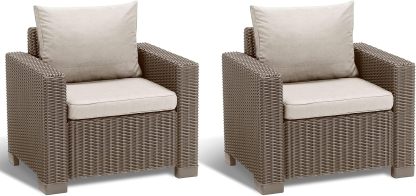 Lot de 2 Fauteuils de Jardin California Aspect Rotin Cappuccino et Sable 83x68x72 cm avec Coussins-Dwellingixe