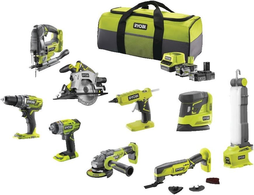 RYOBI Pack 9 Outils 18V ONE+ avec 2 Batteries Lithium-ion et Chargeur - Perceuse, Visseuse à chocs, Meuleuse, Scies et Ponceuse R18CK9B-252SLZ-Dwellingixe