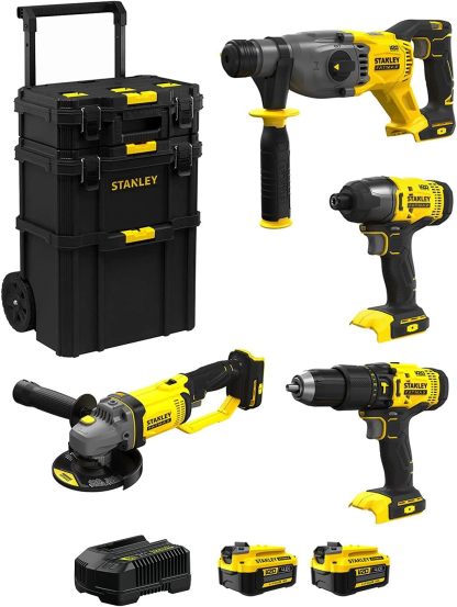 Kit 4 outils 18V STANLEY FatMax SVK401 – perforateur SFMCH900 meuleuse SFMCG400 perceuse percussion SFMCD711 visseuse chocs SFMCF800 – 2 batteries 4,0Ah – 165 Nm – lithium-ion-Dwellingixe