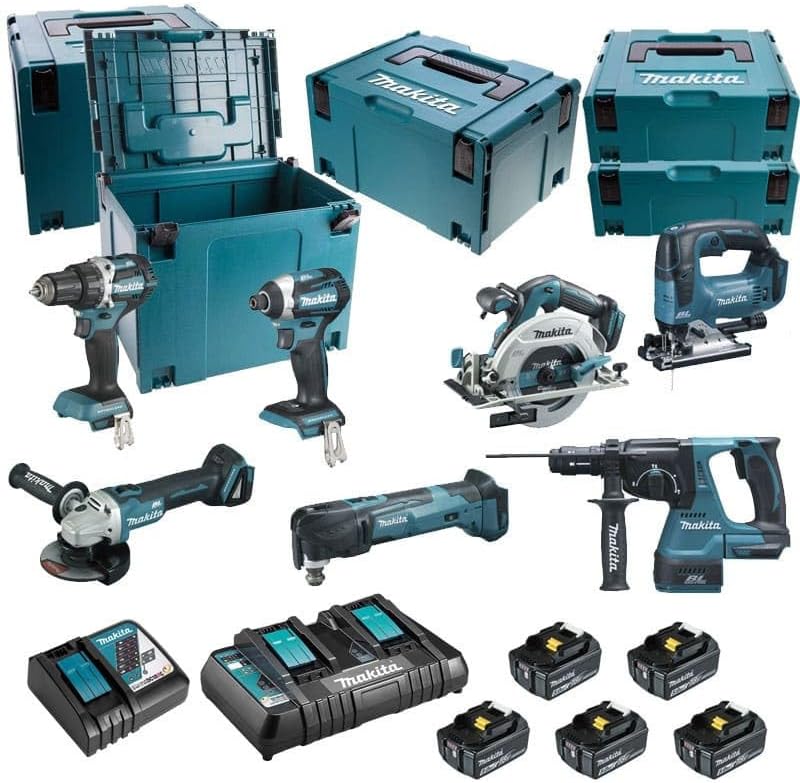 Ensemble 7 machines 18V MAKITA DLX7014PTJ – DDF484 DTD154 DGA506 DHS680 DHR243 DTM51 DJV182 – 165 Nm – 15 kg – lithium-ion-Dwellingixe