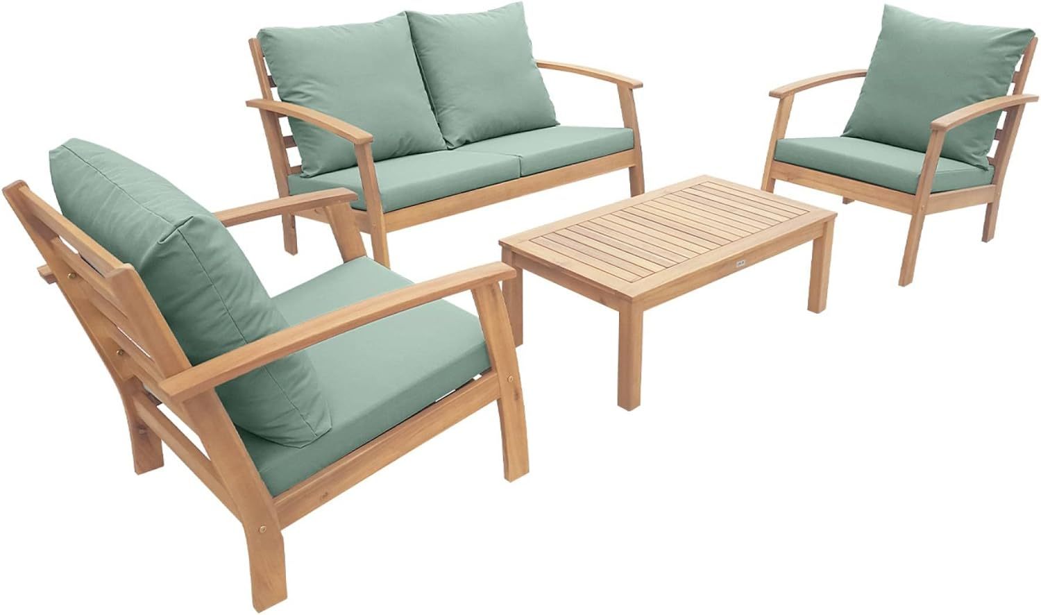 Alice's Garden Ushuaïa Salon de Jardin 4 places bois acacia coussins vert de gris canapé fauteuils table basse design moderne-Dwellingixe