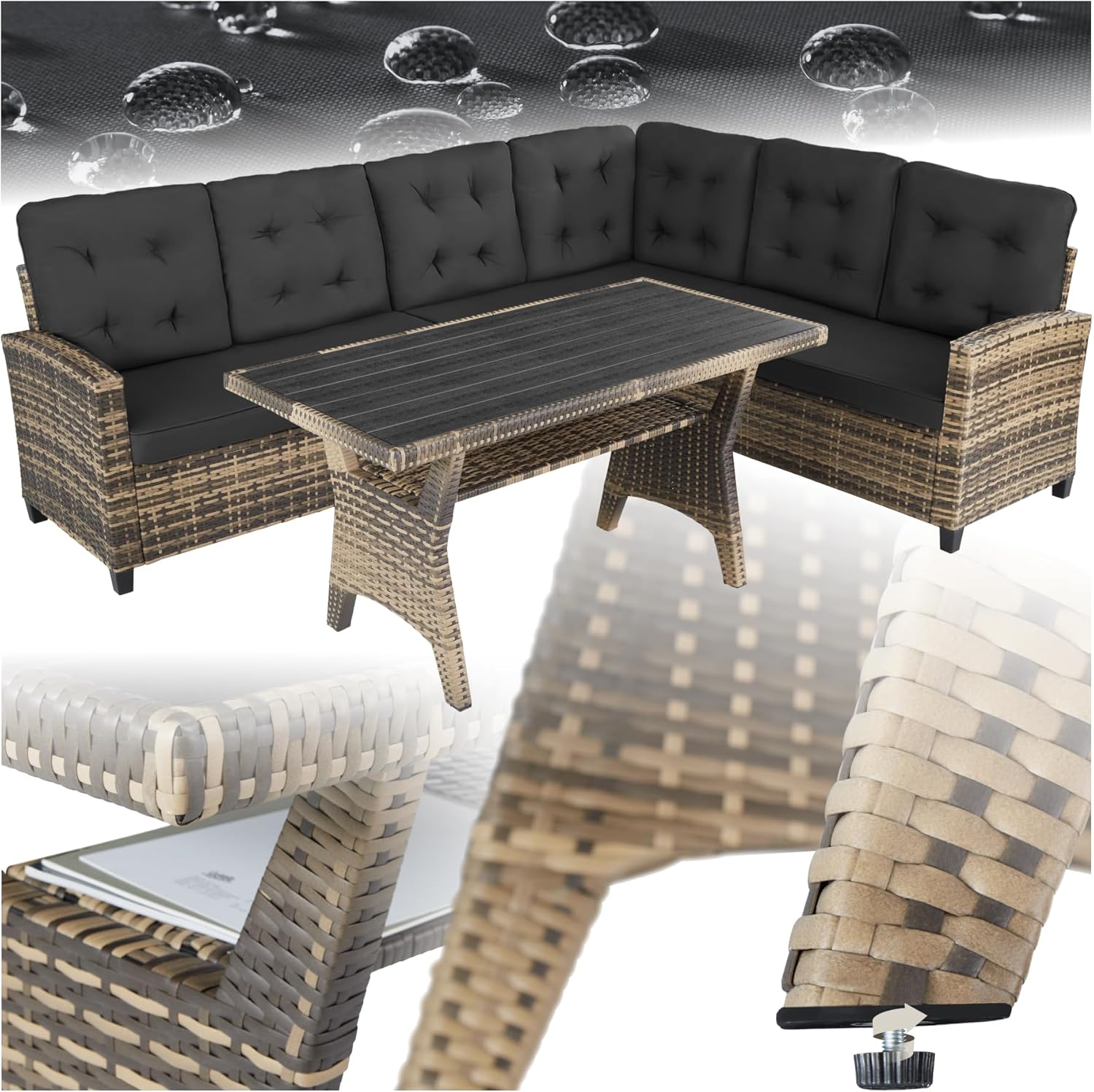 Ensemble Salon de Jardin Extérieur XXL en Poly Rotin 6 Places avec Table et Rembourrage Moelleux 120x65x73 cm Marron Naturel-Dwellingixe