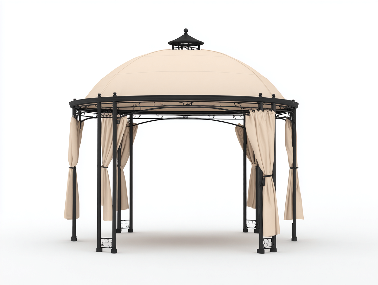 Tonnelle de jardin 300x300x270 cm - beige - structure métallique avec rideaux latéraux-Dwellingixe