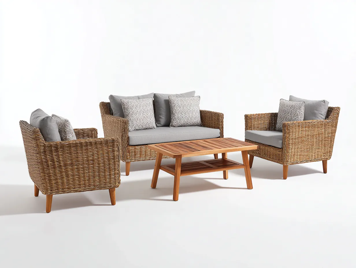 Salon de jardin en rotin 120x65x75 cm - brun-beige - ensemble canapé fauteuils et table basse pour extérieur-Dwellingixe