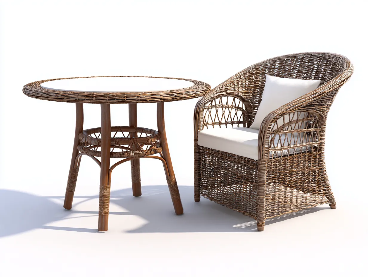 Salon de jardin en rotin avec table ronde 80x80x75 cm et fauteuil 65x60x85 cm - marron et beige - style naturel-Dwellingixe