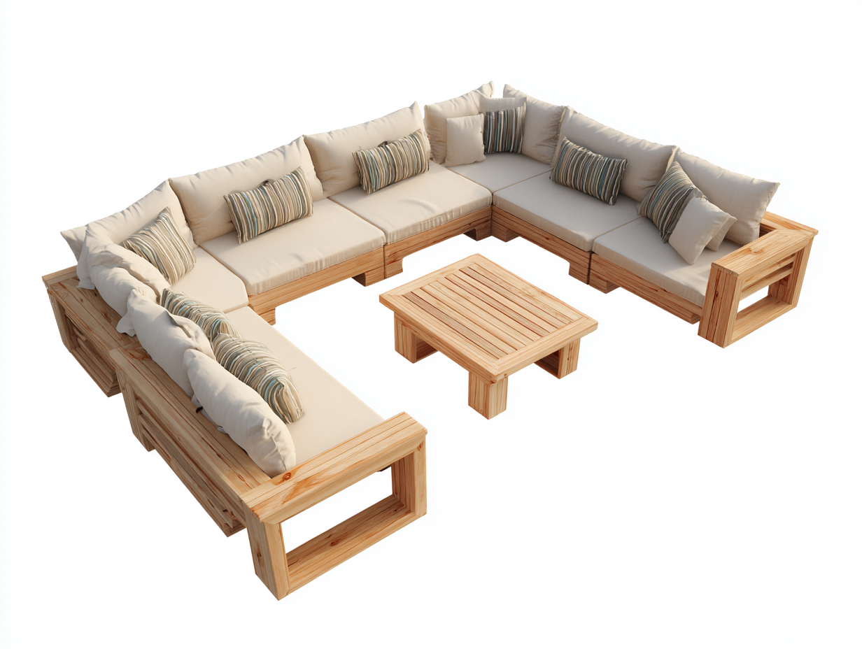 Outdoor Sofa Set wooden structure 280x280x75 cm - beige-natural - modular garden seating-Hutixe