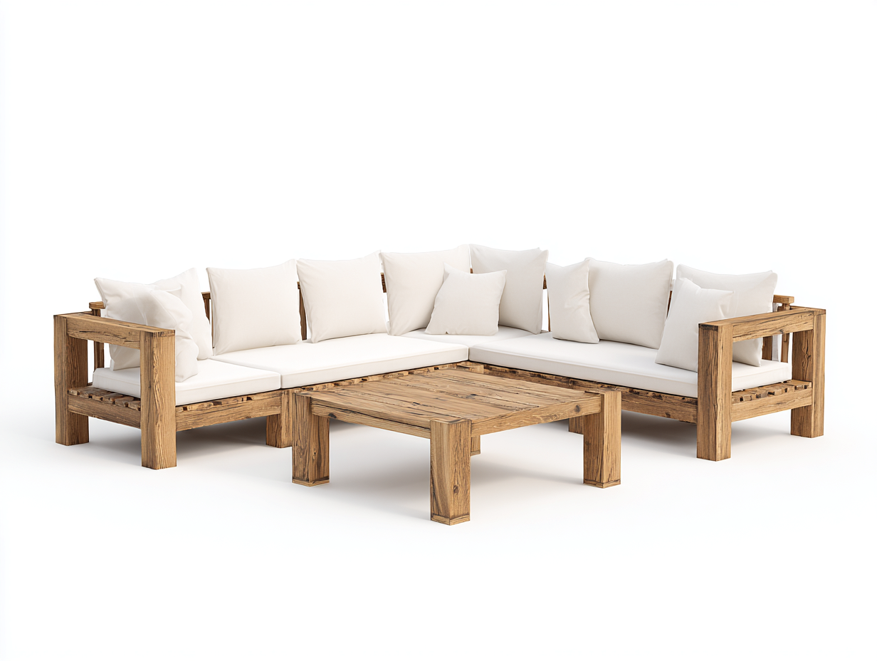 Outdoor Sofa Sets solid wood L-shape seating with coffee table 240x180x75 cm - white/natural wood - outdoor lounge-Hutixe