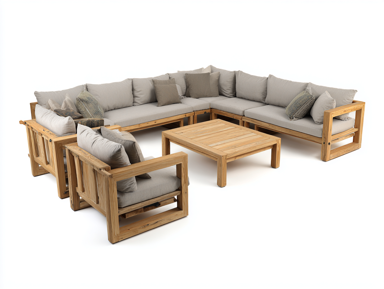Outdoor Sofa Set wooden frame 300x220x75 cm - brown-grey - outdoor seating set-Hutixe
